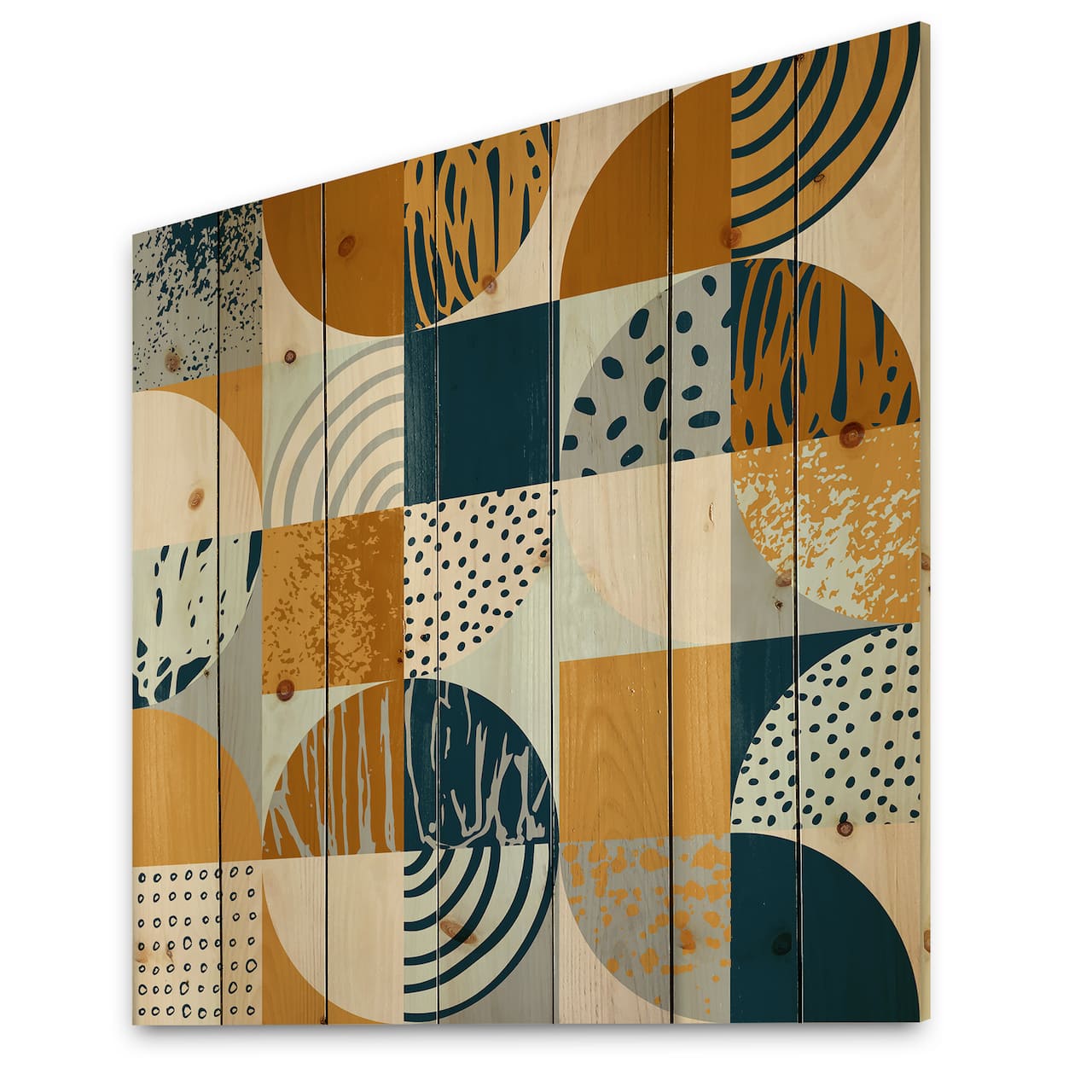 Designart - Retro Semicircles Circles and Squares - Modern Print on Natural Pine Wood